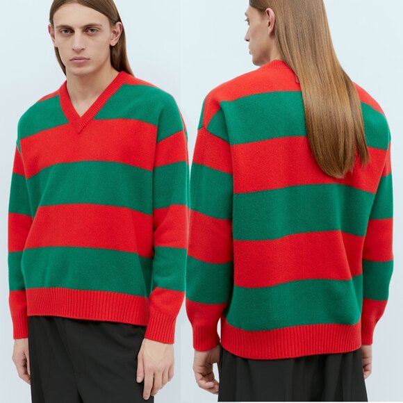 GUCCI MENS SWEATER RED GREEN FELTED WOOL STRIPED PULLOVER V-NECK - Picture 4 of 16